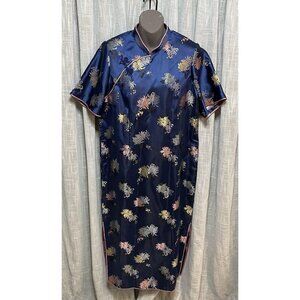 Vintage Cheongsam Dress Qipao 50s 60s Wiggle Blue Pink Trim Embroidered Floral